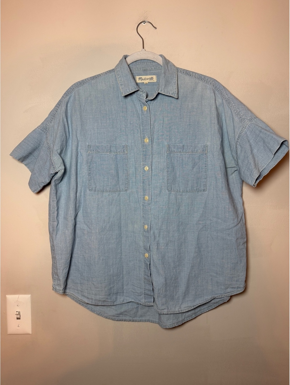 Madewell Women's Light Blue Short Sleeve Button-Up Oversized Shirt Size Small
